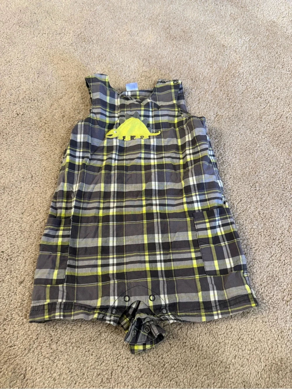 Carter's Gray and Yellow Plaid Dinosaur Romper Size 24 Months